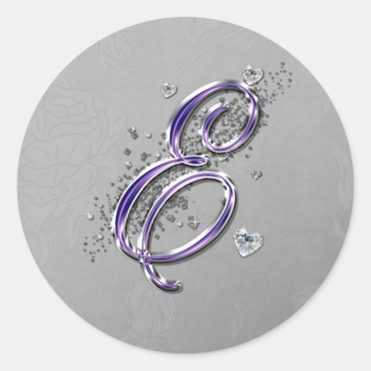 Paarse en Silver Glitter Fancy Script Monogram E Ronde Sticker (Voorkant)