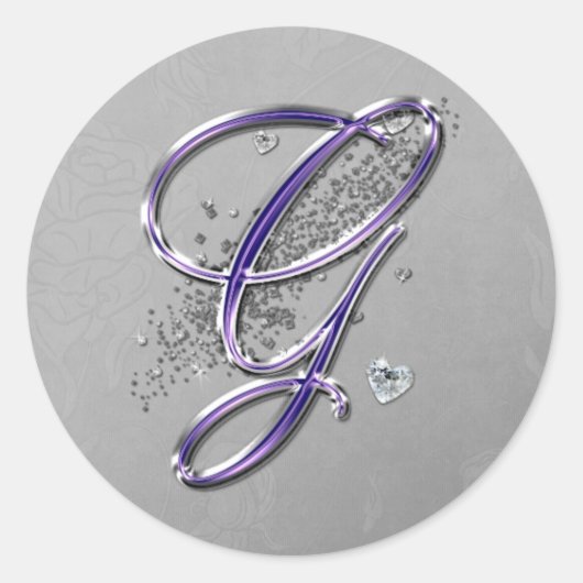 Paarse en Silver Glitter Fancy Script Monogram G Ronde Sticker (Voorkant)