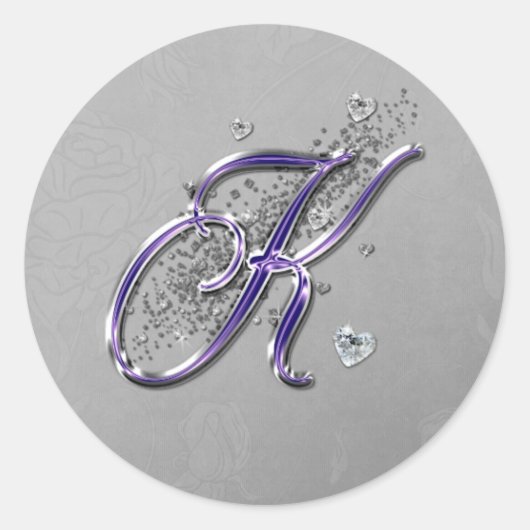 Paarse en Silver Glitter Fancy Script Monogram K Ronde Sticker (Voorkant)
