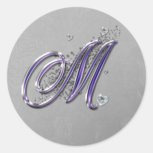 Paarse en Silver Glitter Fancy Script Monogram M Ronde Sticker (Voorkant)