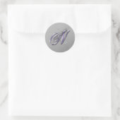 Paarse en Silver Glitter Fancy Script Monogram N Ronde Sticker (Tas)