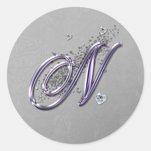 Paarse en Silver Glitter Fancy Script Monogram N Ronde Sticker (Voorkant)