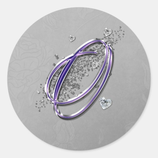 Paarse en Silver Glitter Fancy Script Monogram O Ronde Sticker (Voorkant)
