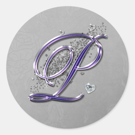 Paarse en Silver Glitter Fancy Script Monogram P Ronde Sticker (Voorkant)