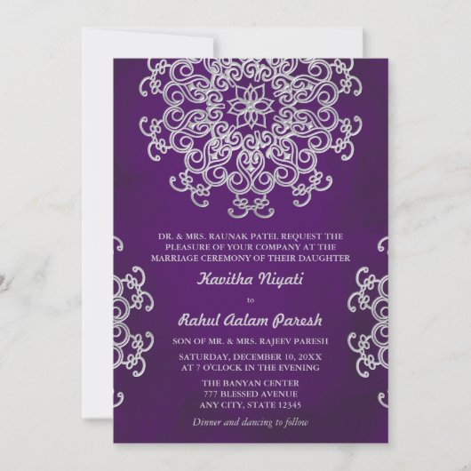 PAARSE EN SILVER INDIAN STYLE WEDDING INVITATION KAART (Voorkant)