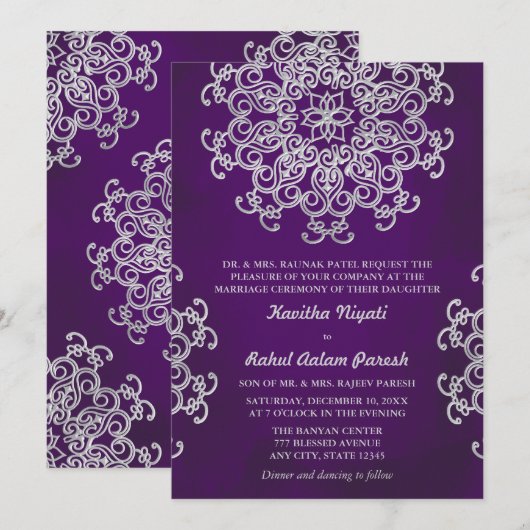 PAARSE EN SILVER INDIAN STYLE WEDDING INVITATION KAART (Voorkant / Achterkant)