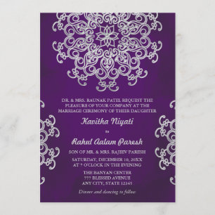 PAARSE EN SILVER INDIAN STYLE WEDDING INVITATION KAART