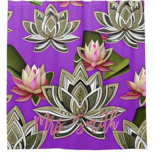 Paarse en Silver Lotus Print, aangepaste naam Douchegordijn (Voorkant)