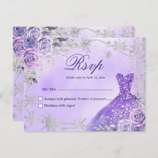 Paarse en Silver Mis Quince RSVP-kaart RSVP Kaartje (Voorkant / Achterkant)