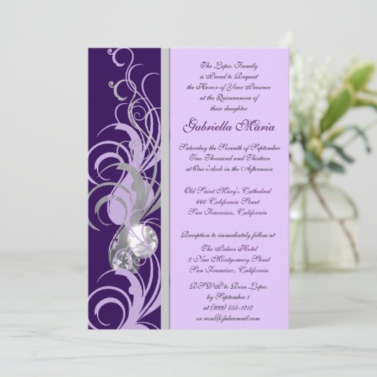 Paarse en Silvery Custom Quinceanera Uitnodigingen (Staand voorkant)