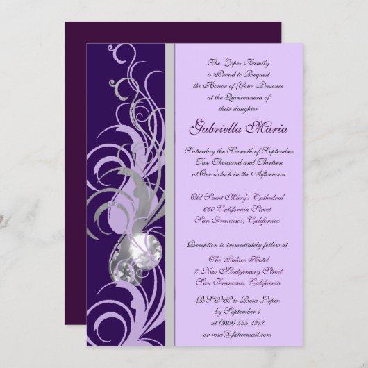 Paarse en Silvery Custom Quinceanera Uitnodigingen (Voorkant / Achterkant)