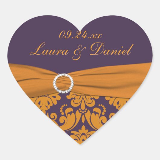 Paarse en Tangerine Damask Heart Shaped Sticker (Voorkant)