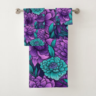 Paarse en turkooizen bloemen bad handdoek