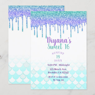 Paarse en turquoise aqua glittersluier zeemeermin  kaart