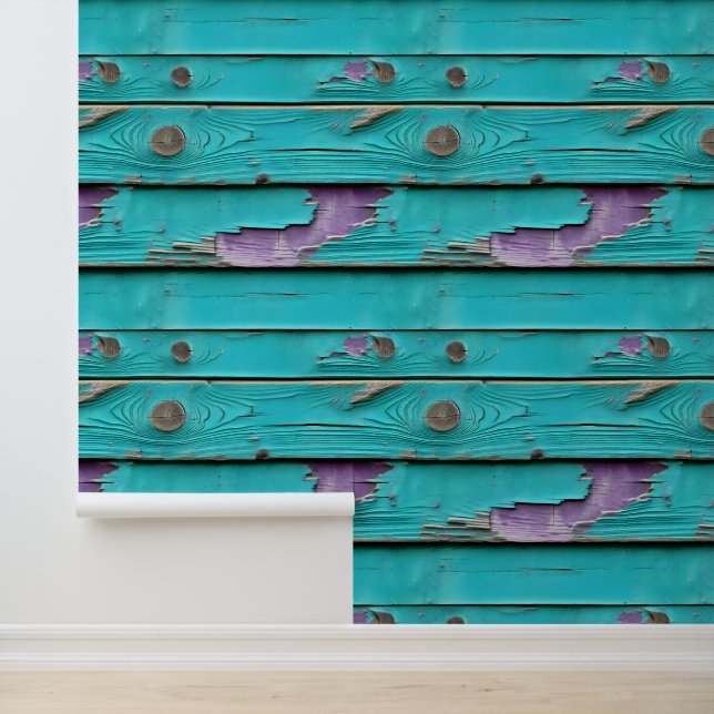 Paarse en turquoise blauw verweerd hout behang (Applicatie)