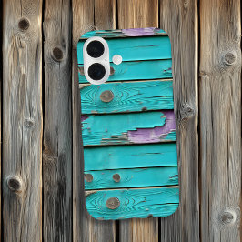 Paarse en turquoise blauw verweerd hout iPhone 16 hoesje
