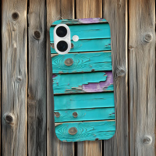 Paarse en turquoise blauw verweerd hout iPhone 16 hoesje