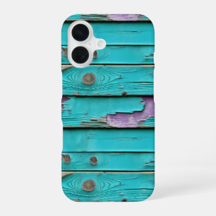 Paarse en turquoise blauw verweerd hout iPhone 16 hoesje