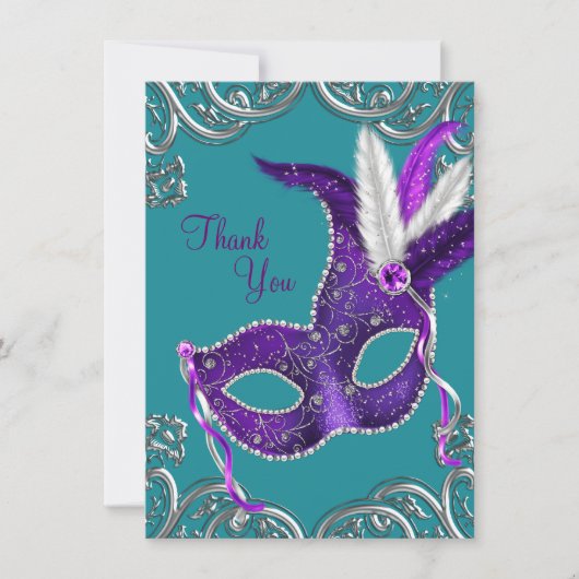 Paarse en turquoise blauwe maskerade bedankt (Voorkant)