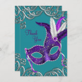 Paarse en turquoise blauwe maskerade Dank u Bedankkaart (Voorkant / Achterkant)