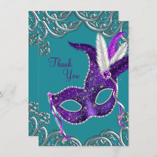 Paarse en turquoise blauwe maskerade Dank u Bedankkaart (Voorkant / Achterkant)