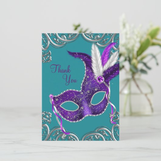 Paarse en turquoise blauwe maskerade Dank u Bedankkaart (Staand voorkant)