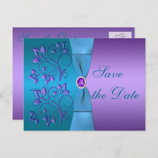 Paarse en Turquoise Bloemen Bewaar de Datum Aankondigingskaart (Voorkant / Achterkant)