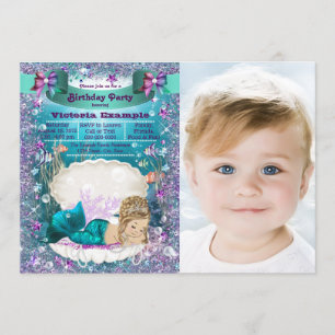 Paarse en turquoise blonde zeemeermin verjaardagsf kaart