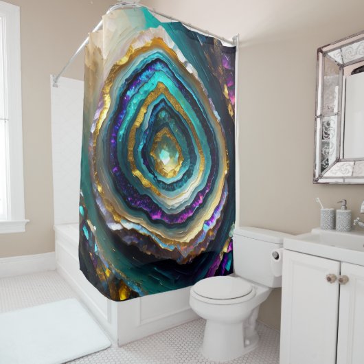Paarse en Turquoise Blue Geode Gold Douchegordijn (In situ)