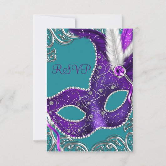 Paarse en Turquoise Blue Masquerade Party RSVP (Voorkant)