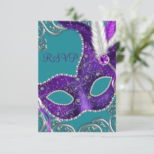 Paarse en Turquoise Blue Masquerade Party RSVP (Staand voorkant)