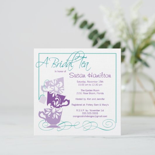 Paarse en Turquoise Bridal Shower Invitation - Tea Kaart (Staand voorkant)