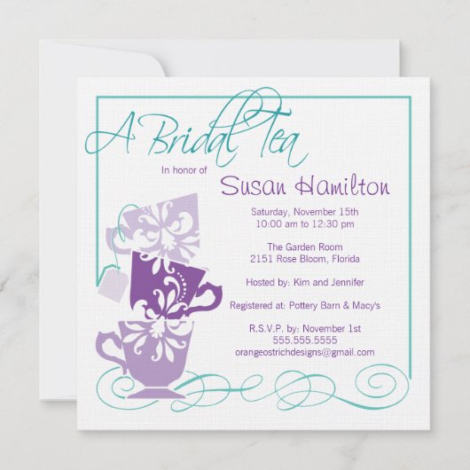 Paarse en Turquoise Bridal Shower Invitation - Tea Kaart (Voorkant)