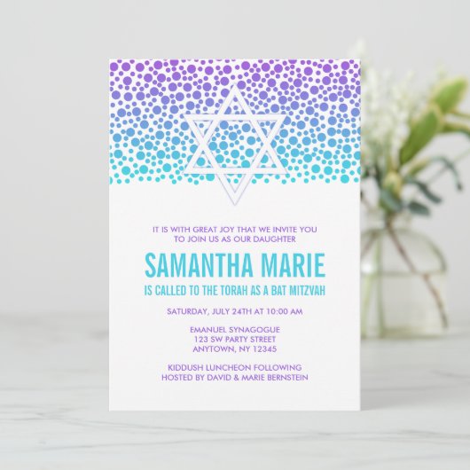 Paarse en turquoise confetti stippen Bat Mitzvah Kaart (Staand voorkant)