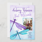 Paarse en Turquoise Dragonfly Bat Mitzvah Kaart (Voorkant)