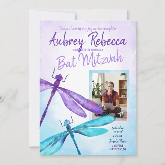 Paarse en Turquoise Dragonfly Bat Mitzvah Kaart (Voorkant)