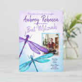 Paarse en Turquoise Dragonfly Bat Mitzvah Kaart (Staand voorkant)