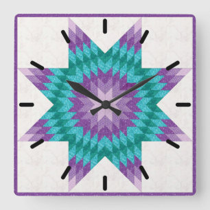 Paarse en Turquoise Lone Star Quilt Ontwerp Vierkante Klok