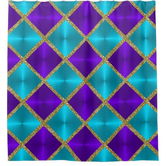 Paarse en turquoise metallic look Squares Gold Douchegordijn (Voorkant)