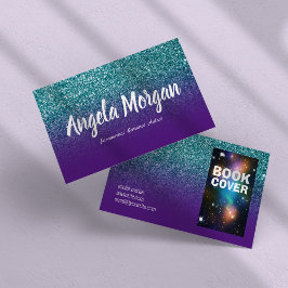 Paarse en turquoise ombre glitter foto auteur visitekaartje