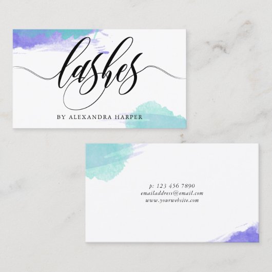 Paarse en Turquoise Smudges Calligrafie Lash Artis Visitekaartje (Voorkant / Achterkant)