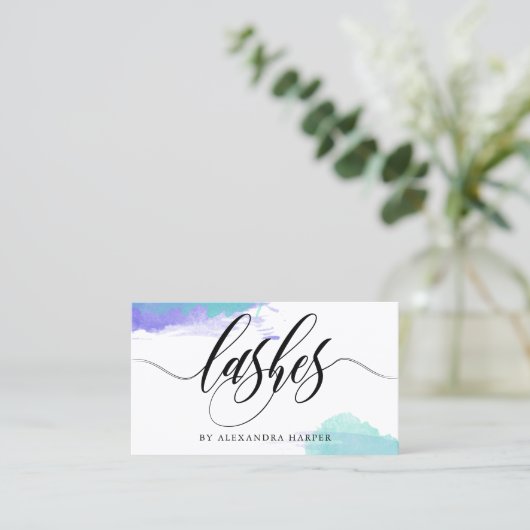 Paarse en Turquoise Smudges Calligrafie Lash Artis Visitekaartje (Staand voorkant)