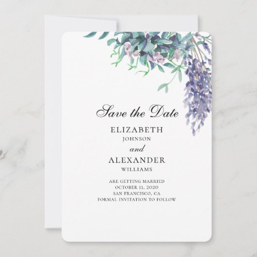 Paarse en turquoise trouwfeest. Bloemige save the  Kaart (Voorkant)