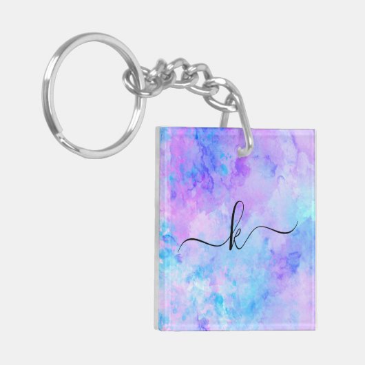 Paarse en Turquoise Waterverf Splashes Sleutelhanger (Voorkant Links)