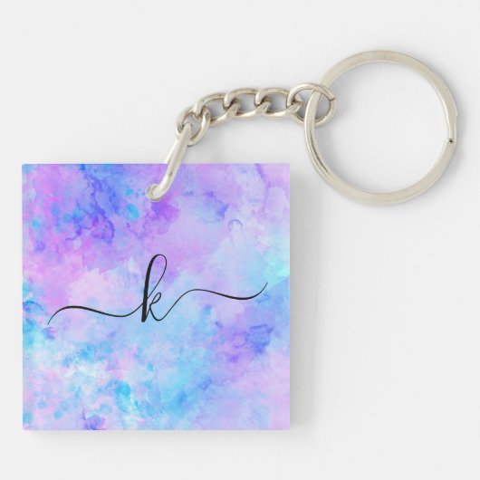 Paarse en Turquoise Waterverf Splashes Sleutelhanger (Achterkant)