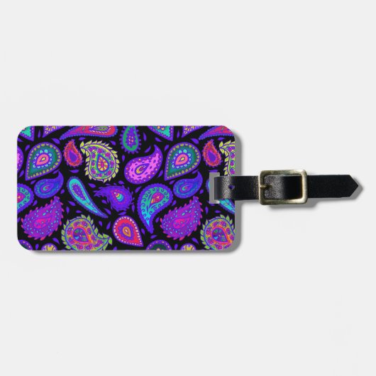 Paarse en veelkleurige Paisley op Black Beautiful Bagagelabel (Voorkant horizontaal)