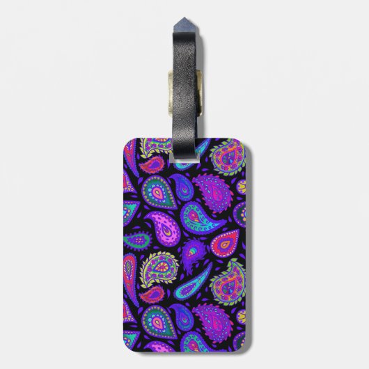Paarse en veelkleurige Paisley op Black Beautiful Bagagelabel (Achterkant verticaal)