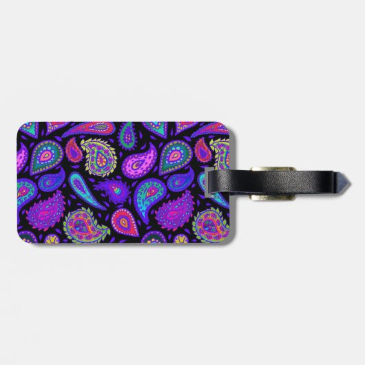 Paarse en veelkleurige Paisley op Black Beautiful Bagagelabel (Achterkant horizontaal)
