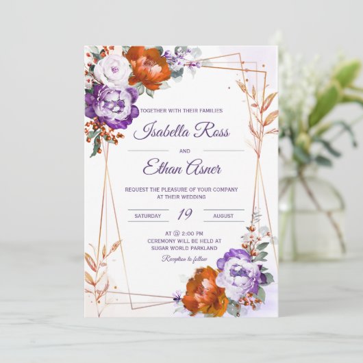 Paarse en verbrande Oranje bruiloft Kaart (Staand voorkant)