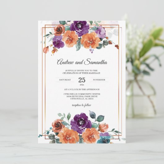 Paarse en verbrande Oranje trouwkleuren Kaart (Staand voorkant)